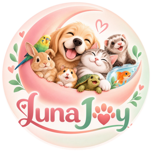 Logo LunaJoy: un cățel, o pisică, un iepure, un hamster, o țestoasă, un dihor, un peștișor și un perușel în semiluna roz